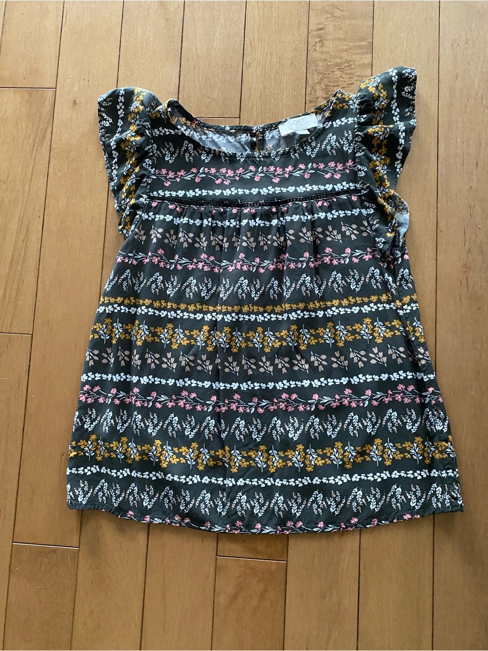 LOFT Floral Ruffle Sleeve Blouse - Green/Gray with Pink & Mustard